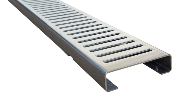 Entwässerungsrinne Edelstahl 1 Meter superflach mit Ablaufstutzen Rost Schlitzdesign, System 35/80